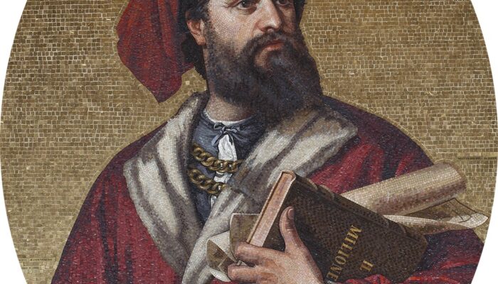 Keterangan Foto : Mosaik Marco Polo dipajang di Palazzo Doria Tursi, di Genoa, Italia. (foto : https://historyofinformation.com)