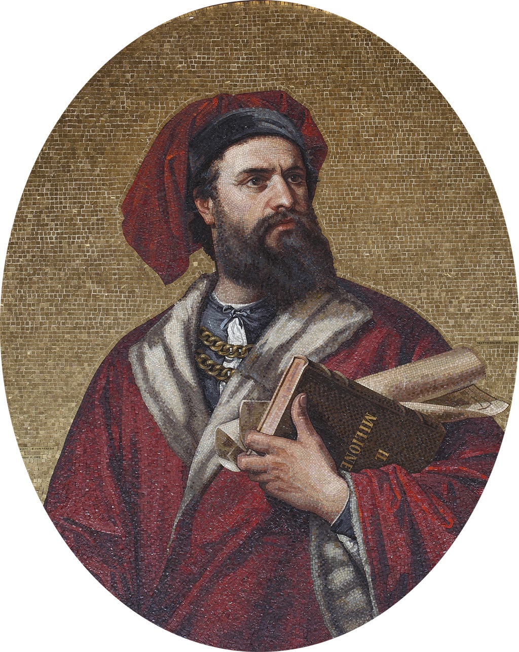 Keterangan Foto : Mosaik Marco Polo dipajang di Palazzo Doria Tursi, di Genoa, Italia. (foto : https://historyofinformation.com)