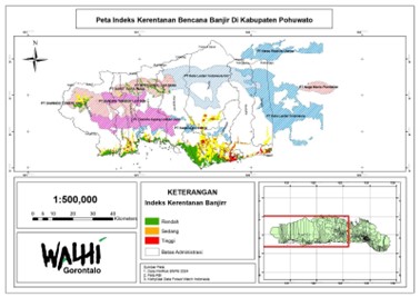Keterangan Foto : . Indeks kerentanan banjir yang tinggi terletak di wilayah hilir, yang bergantung pada tutupan hutan di wilayah hulu yang telah dikuasai konsesi. (sumber: WALHI)