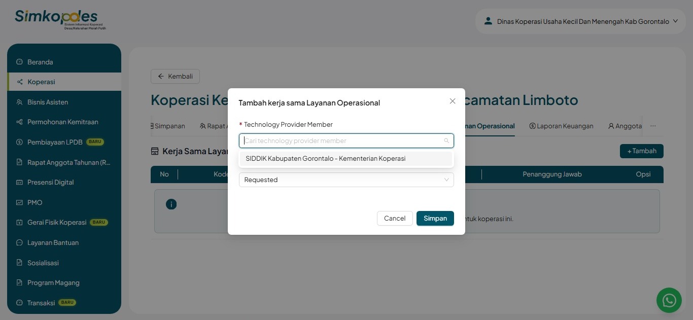Keterangan Foto : Tampilan Fitur Kemitraan Operasional 