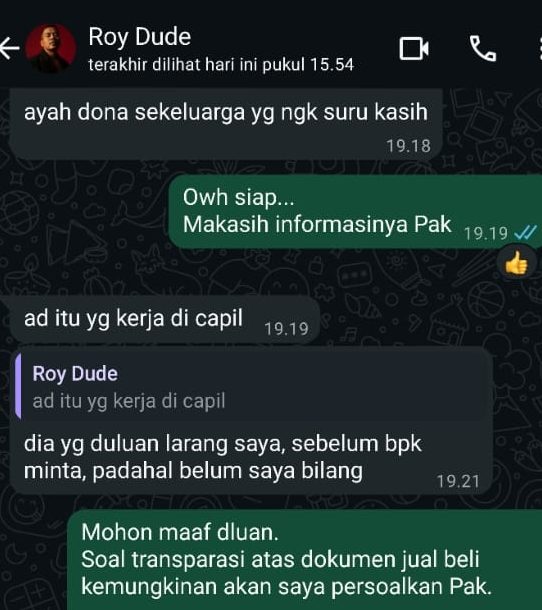 keterangan : Tangkapan layar percakapan yang menunjukkan komunikasi antara ahli waris dan pihak perusahaan terkait transparansi dokumen jual beli lahan.